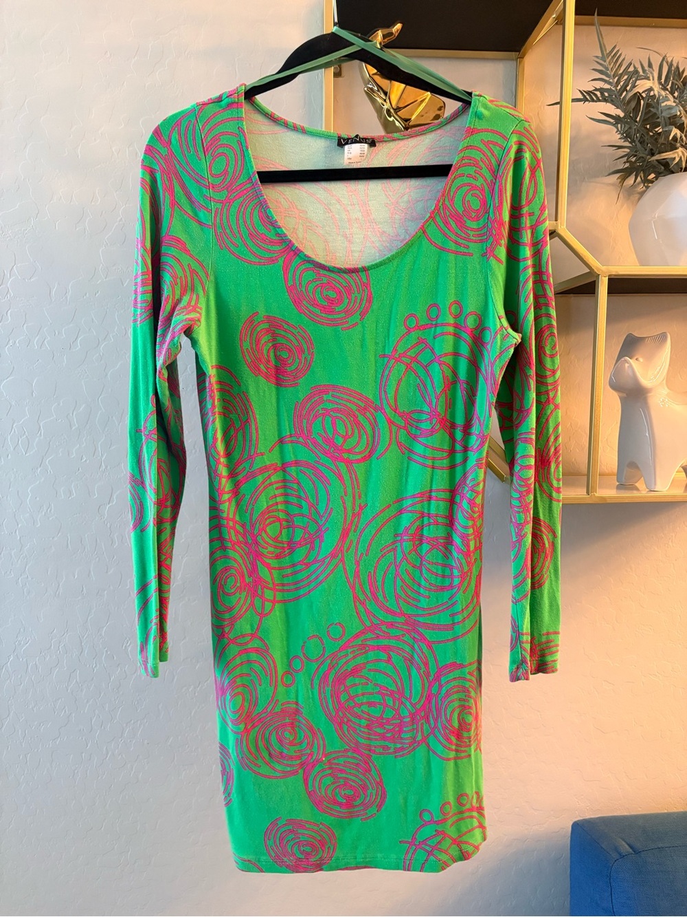 VENUS Green Mini Dress Long Sleeve Pink Swirl stretch womens size large L